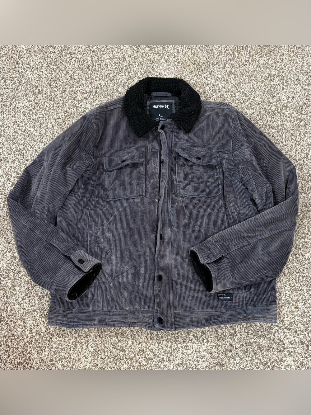 Hurley Men's Charcoal Corduroy Jacket with Black Sherpa Collar
